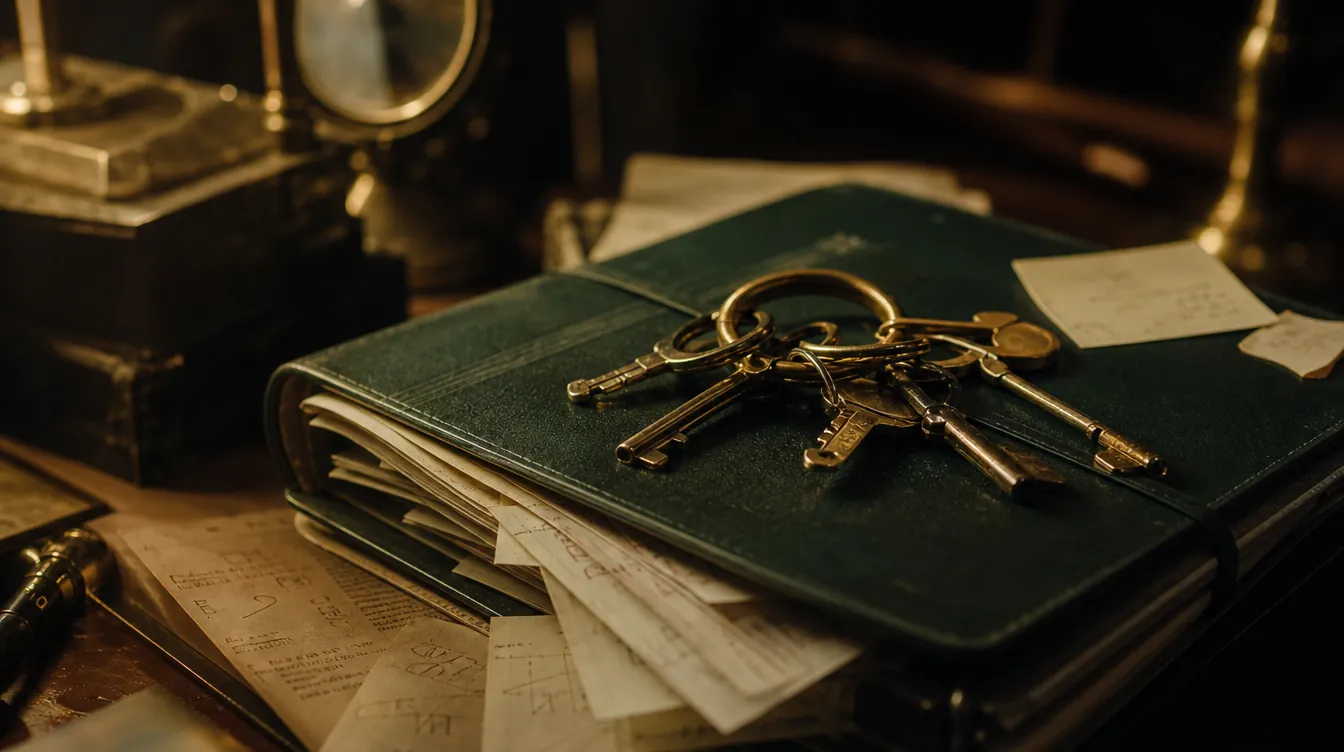 Brass keyring with tangled unlabeled keys on a green leather ledger covered in handwritten notes