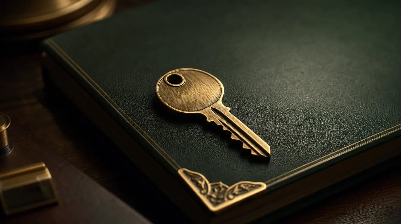 Single labeled brass key resting on a closed green leather ledger in warm light