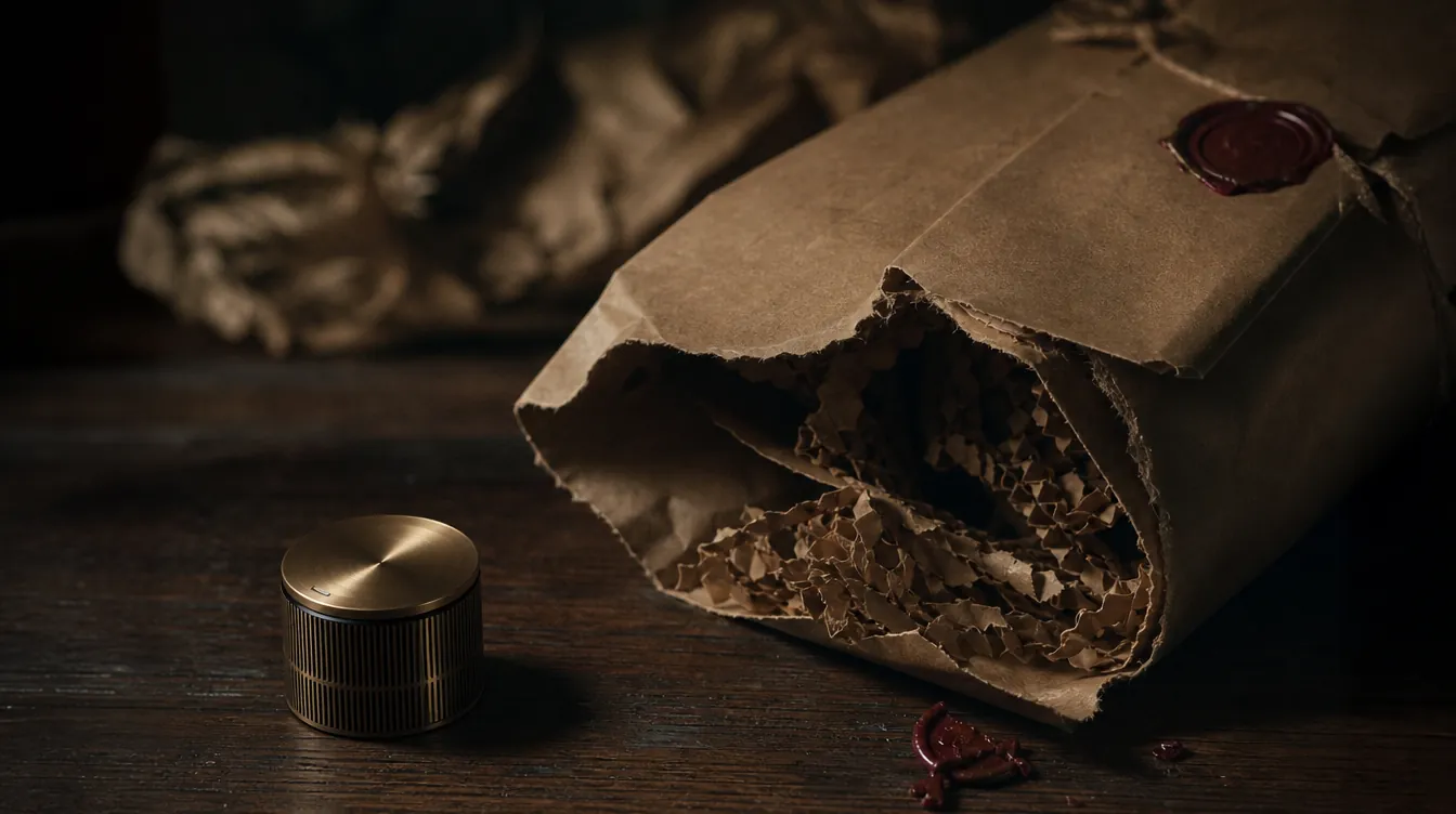 Kraft paper parcel torn open with packing material spilling on a dark walnut surface