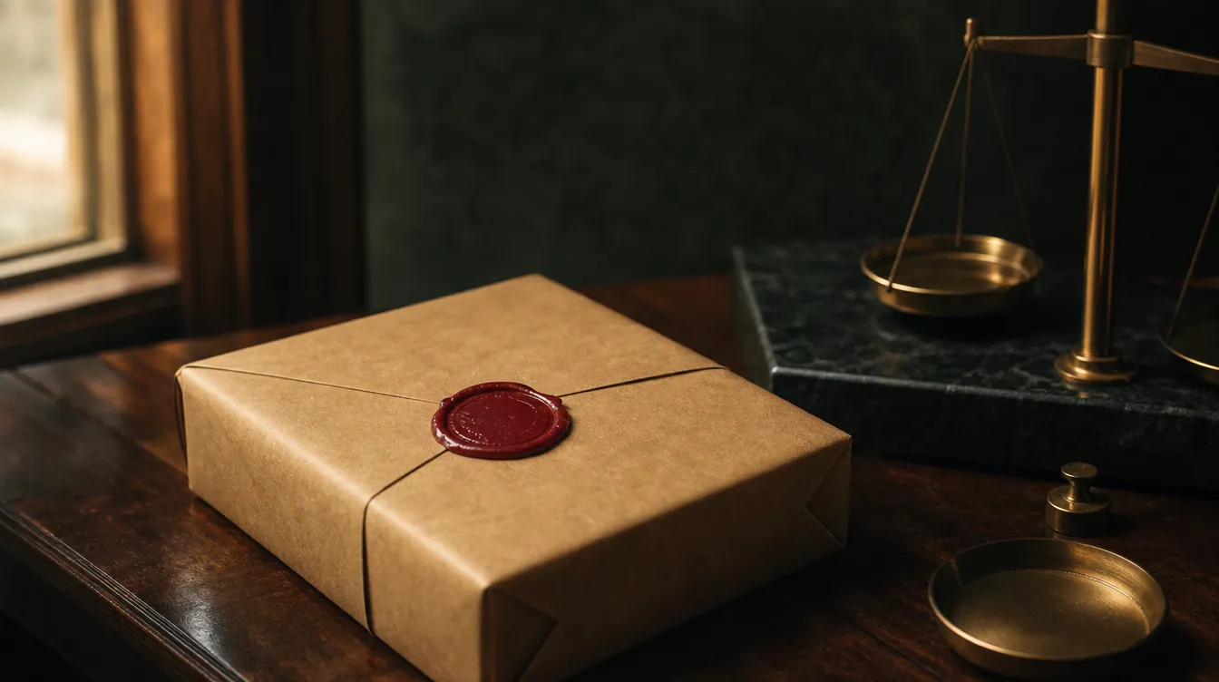 Perfectly sealed kraft paper parcel with red wax seal beside a small brass scale