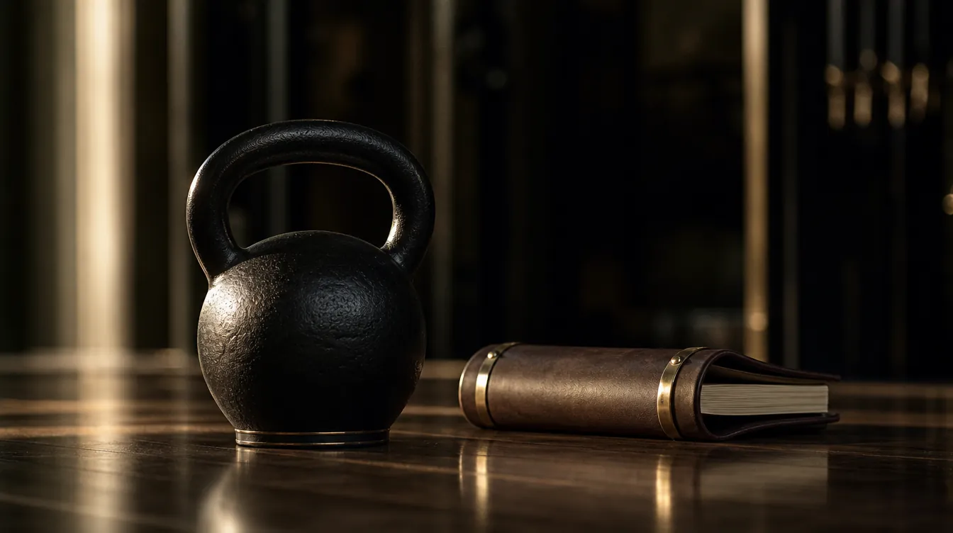 Single cast-iron kettlebell beside a closed leather member log on a polished wooden floor