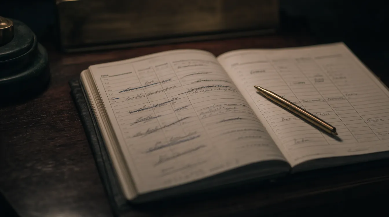Open paper appointment book with handwritten reschedules and crossed-out names in dim light