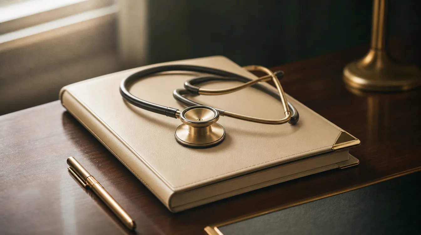 Brass stethoscope resting on a closed ivory leather portfolio in warm window light