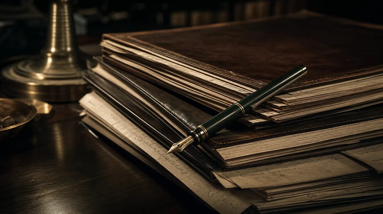 Stack of leather-bound legal files with a fountain pen, accumulated paperwork