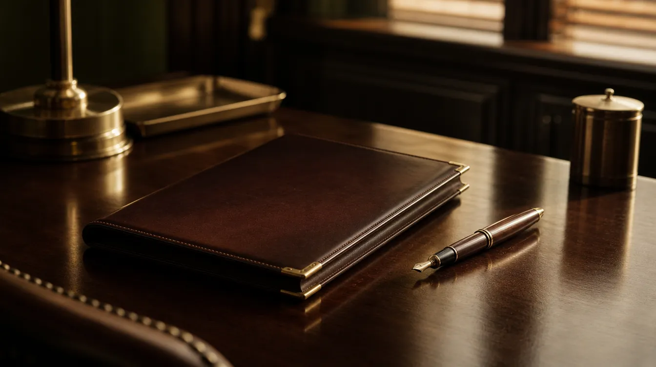 Closed leather case folder with gold-embossed corner, fountain pen resting in warm window light