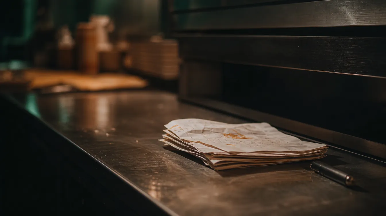 Crumpled paper invoices on a stainless prep counter at end of service