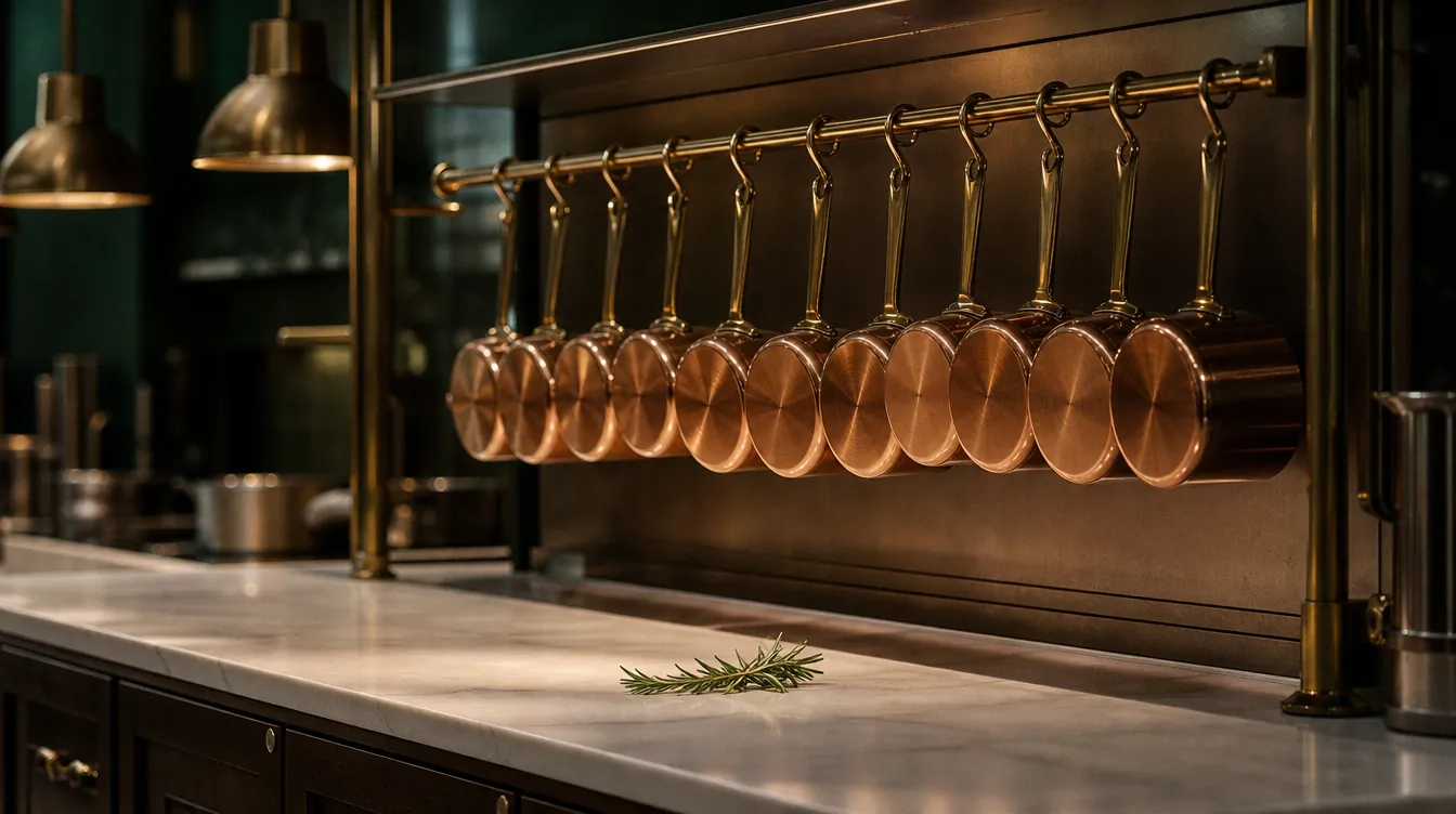 Polished copper saucepans hanging in a row above a clean prep counter